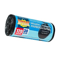 Мешки для мусора 120 л, с ушками, черные, в рулоне 30 шт., ПНД, 15 мкм, 1100х700 мм, Крепак, 4607075710375 в Озерске